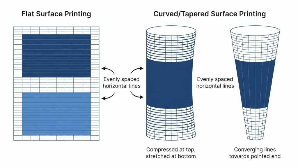 Diagram showing distortion when printing on curved and tapered surfaces