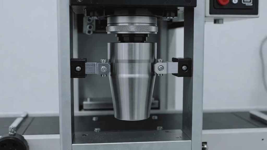 Custom jig fixture holding tapered cup during printing process