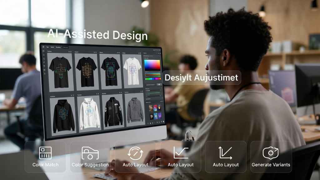 Designer using AI software to create automated t-shirt artwork for DTG printing