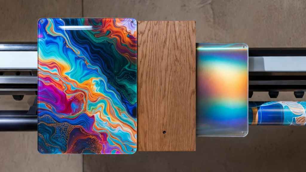 Close-up of UV printed samples on multiple substrates including acrylic, wood, and metal