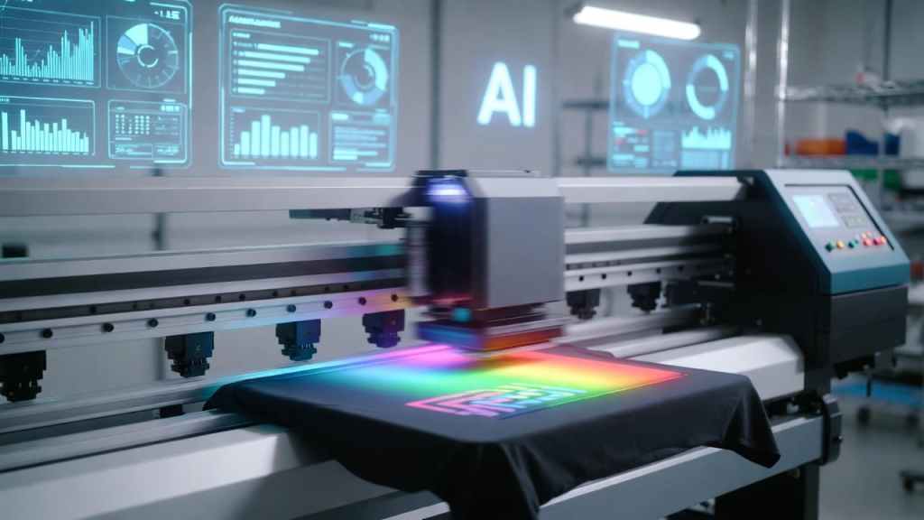 AI-powered DTG printer producing custom t-shirt design in modern print studiofThe Role of Artificial Intelligence in