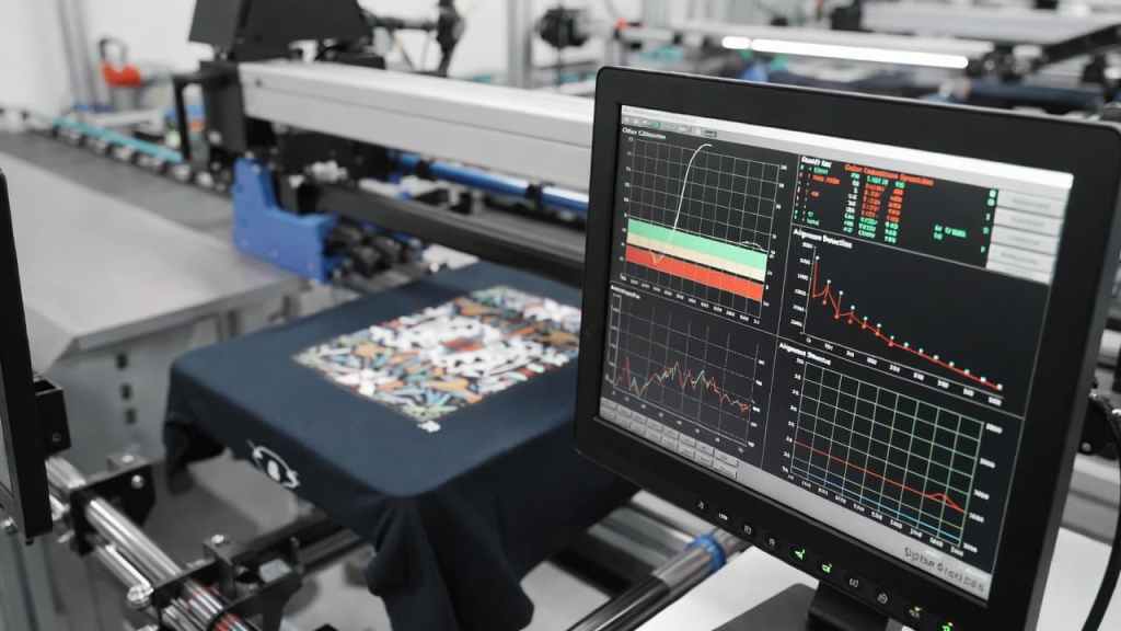 AI quality control system analyzing printed garment for color accuracy