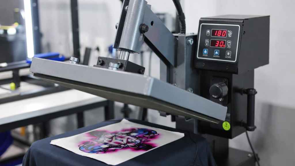 Heat press machine applying DTF transfer to polyester stretch fabric