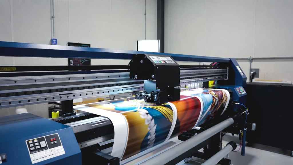 Hybrid UV printer printing on rigid and flexible materials in modern print facility