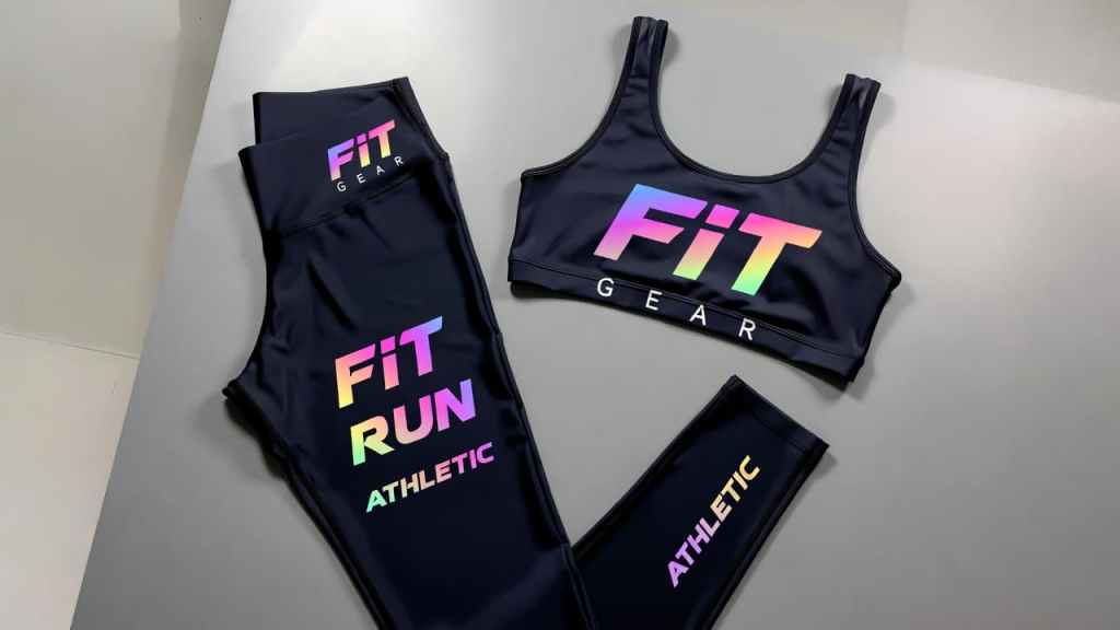 Custom DTF printed gym leggings and sportswear with vibrant logo design