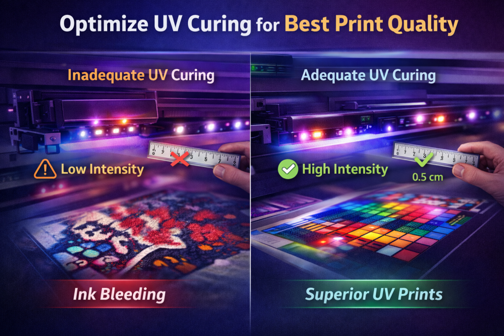 UV curing comparison showing low-intensity curing causing ink bleeding versus optimized UV lamp intensity and distance producing sharp, high-quality UV prints.