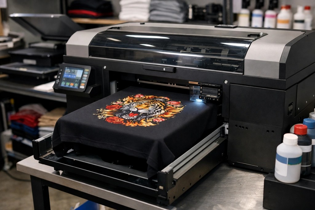 Direct to garment printing machine printing custom t-shirt in a print shop
