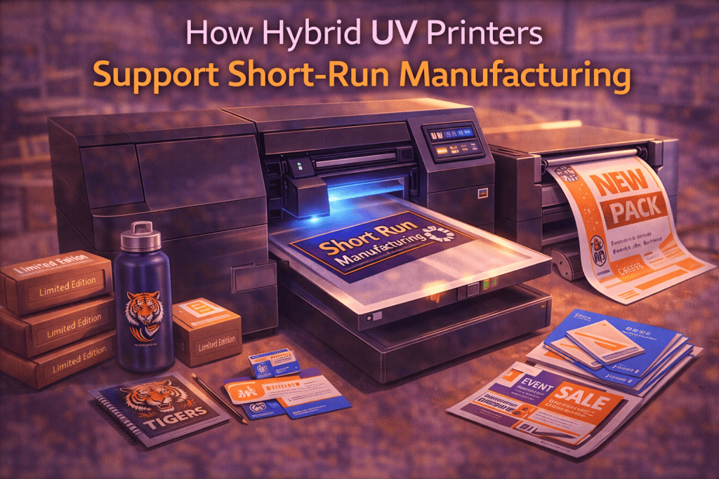 Hybrid UV printers supporting short run manufacturing with flatbed and roll to roll printing for customized packaging and promotional products