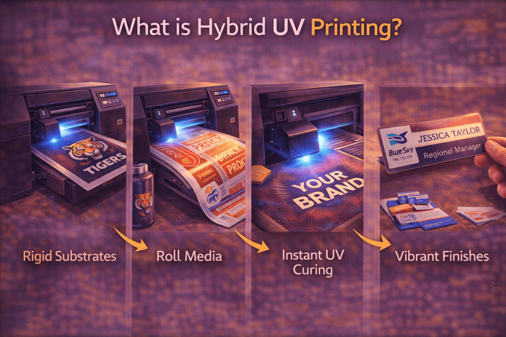 What is hybrid UV printing showing rigid substrates, roll media printing, instant UV curing and vibrant high quality finishes