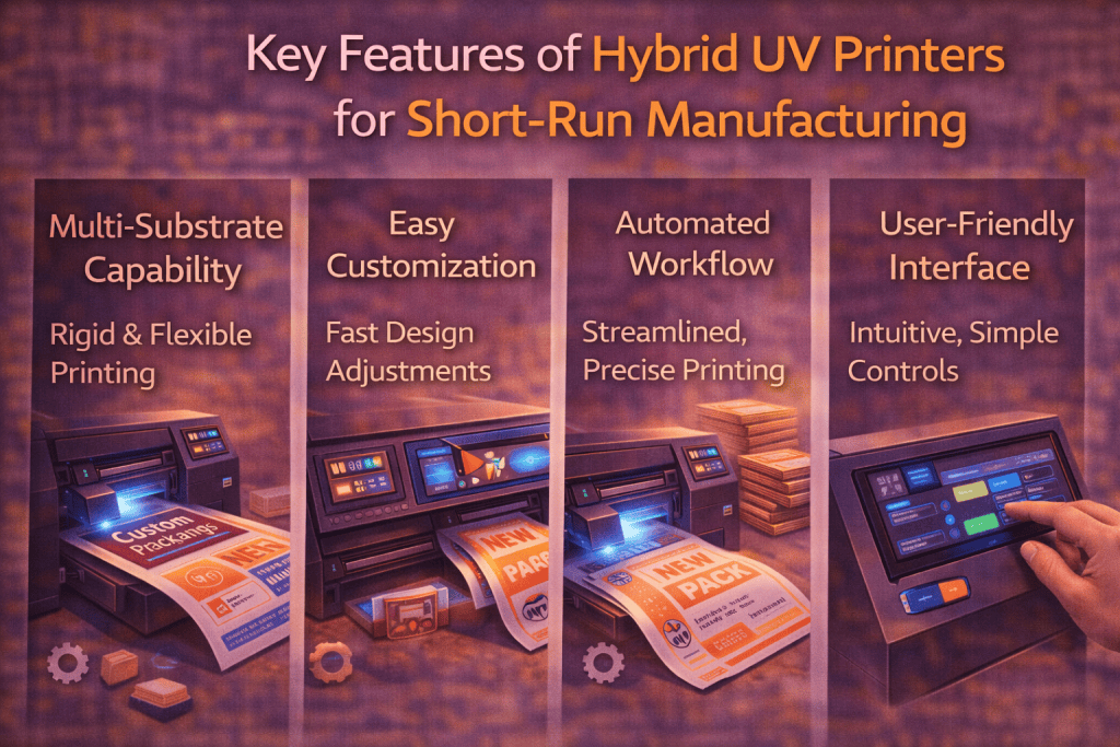 Key features of hybrid UV printers for short run manufacturing including multi substrate printing, easy customization, automated workflow and user friendly interface