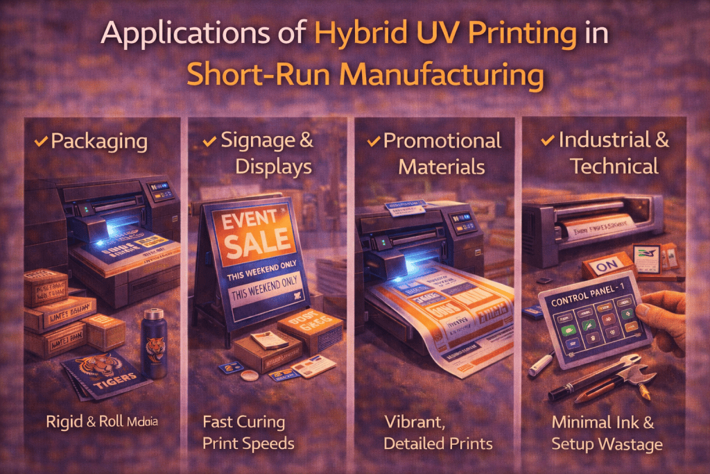 Applications of hybrid UV printing in short run manufacturing including packaging, signage and displays, promotional materials and industrial printing