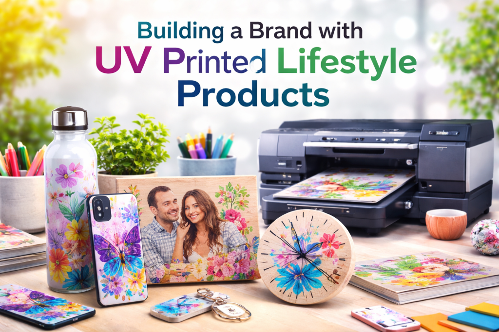 UV printed lifestyle products displayed on a creative workspace, including customized bottle, phone case, wooden photo frame, wall clock, and a UV printer producing vibrant designs for brand building.
