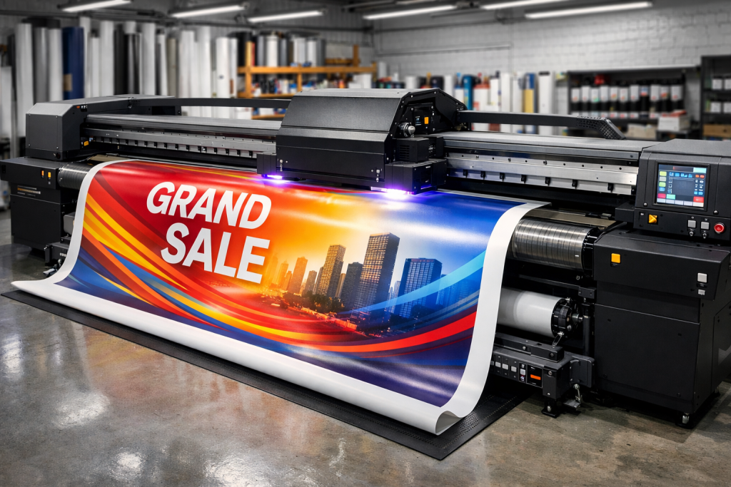 Hybrid UV printer printing a large-format promotional banner with vibrant colors in a professional print shop