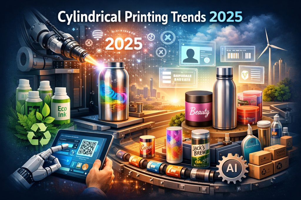 Advanced cylindrical printing technology in 2025 showing automated bottle printing, eco-friendly inks, AI-driven workflows, and sustainable packaging solutions.