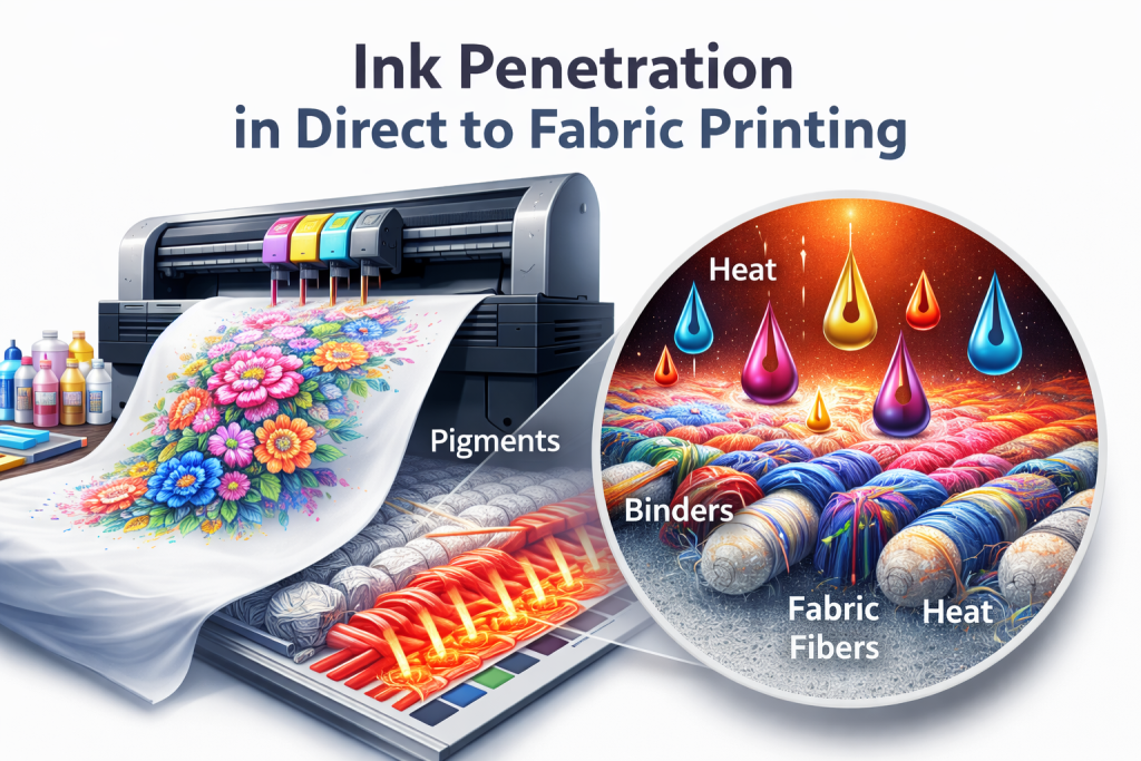 Ink penetration process in direct to fabric printing showing pigments and binders bonding with fabric fibers under heat