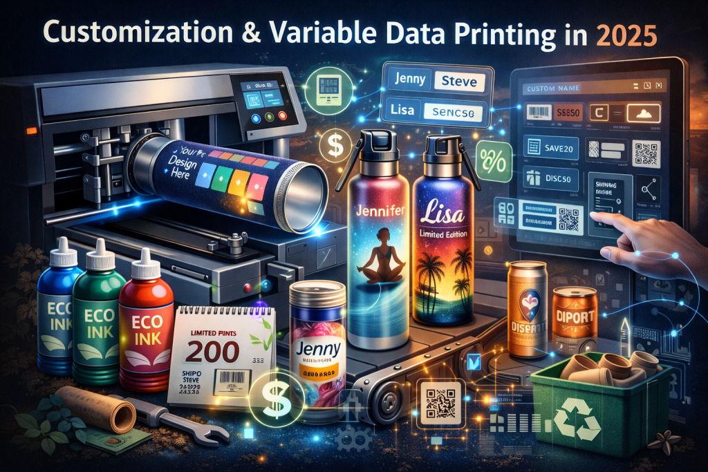 Customization and variable data cylindrical printing in 2025 showing personalized bottles, unique names, QR codes, limited edition designs, and on-demand printing workflow.