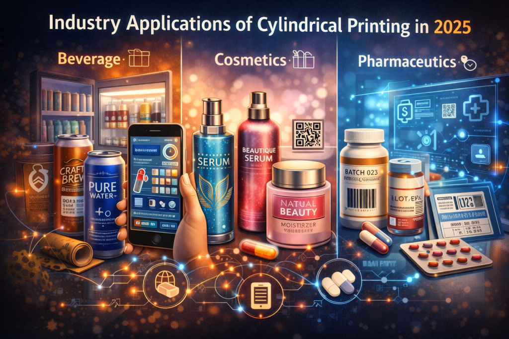 Industry applications of cylindrical printing in 2025 across beverage, cosmetics, and pharmaceutical packaging with smart labels, QR codes, and premium branding.