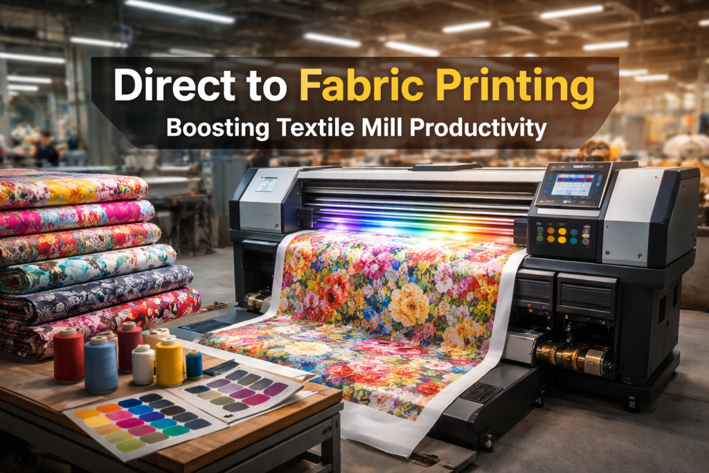 Industrial direct to fabric printer printing colorful textile patterns inside a modern textile mill, showcasing high-speed digital fabric printing technology and improved production efficiency.
