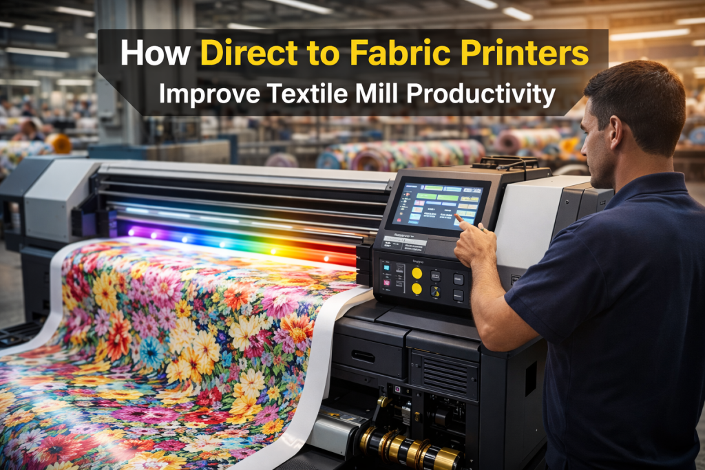 Textile mill operator using a direct to fabric printer touchscreen while printing colorful fabric designs, highlighting fast digital textile production and workflow efficiency.