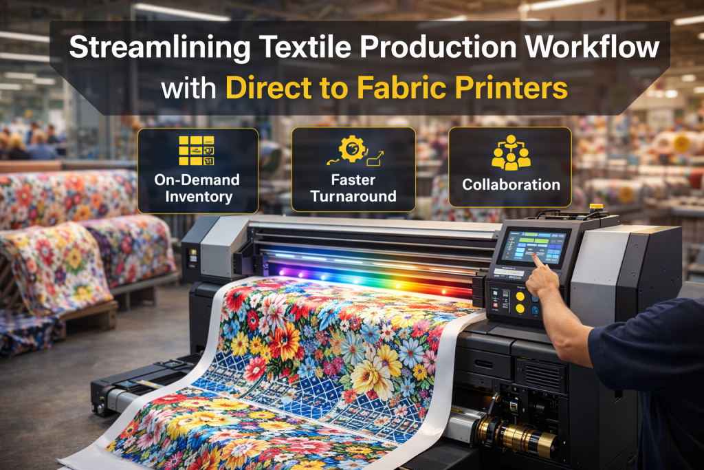 Direct to fabric printer streamlining textile production workflow by enabling on-demand inventory, faster turnaround time, and improved team collaboration in a modern textile mill.