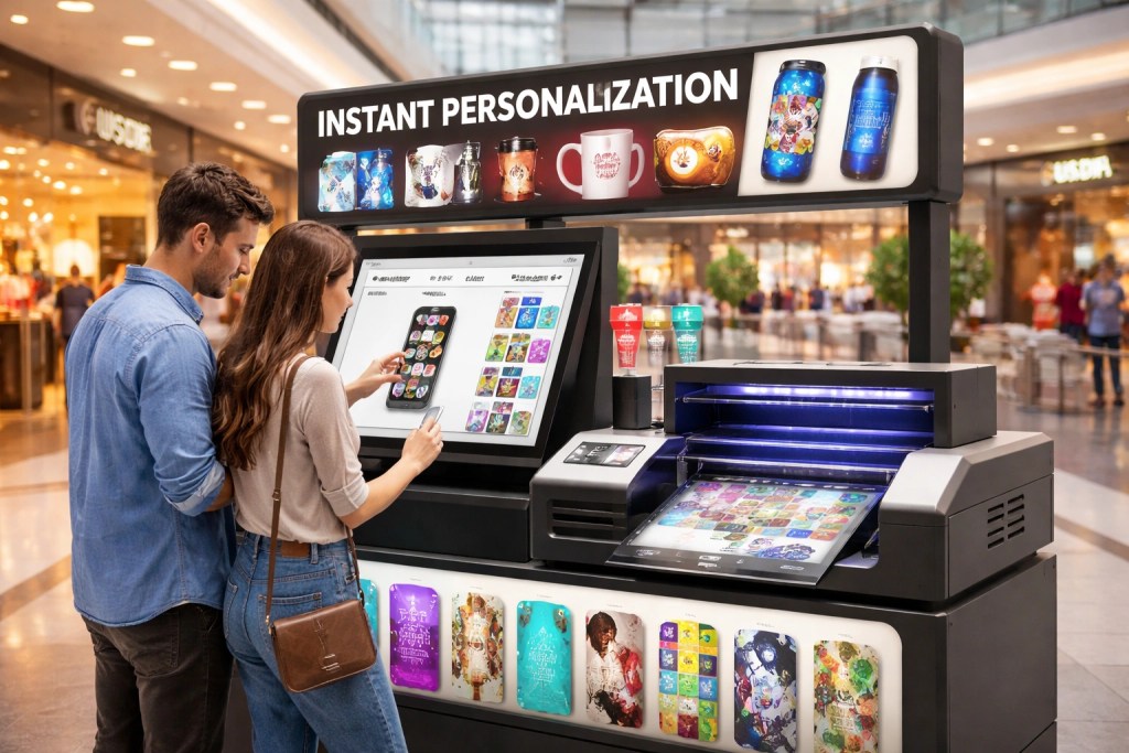 UV DTF printing kiosk for instant product personalization in retail spaces