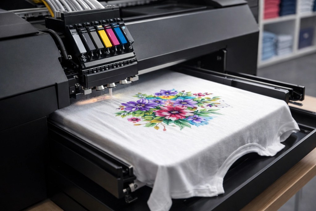 Direct to garment printing process on cotton t-shirt