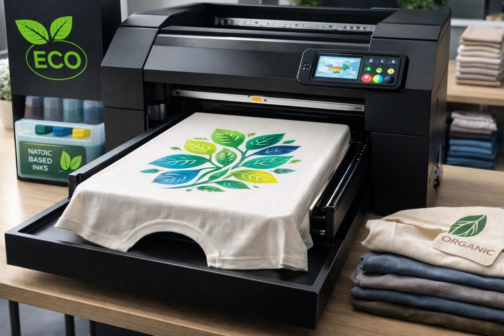 Eco-friendly DTG printing using water-based inks on organic cotton fabric