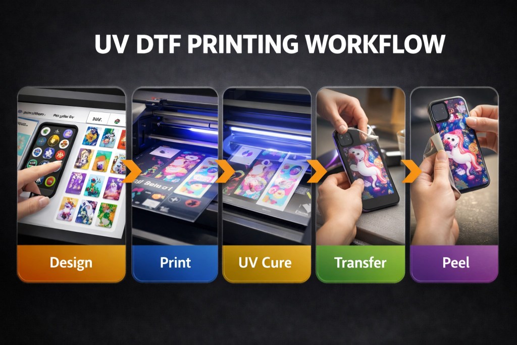 UV DTF printing workflow showing design, printing, UV curing, transfer, and peel steps