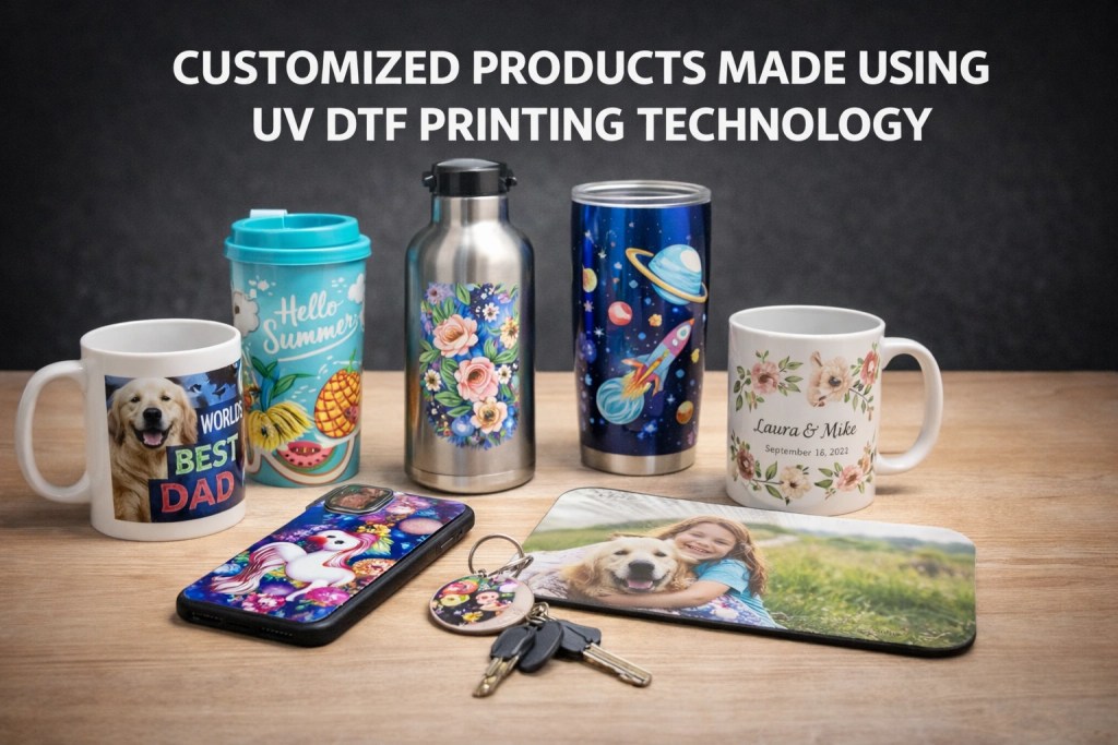 Customized products like mugs, bottles, phone cases, and gifts made using UV DTF printing