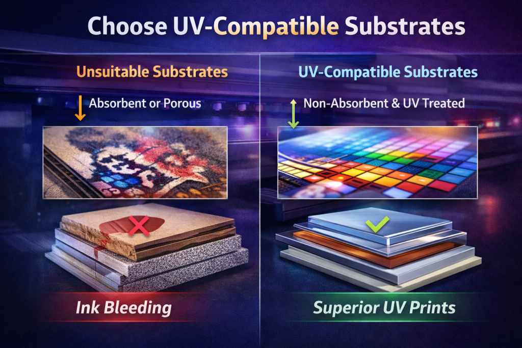 Comparison of unsuitable porous substrates causing ink bleeding versus UV-compatible non-absorbent substrates producing sharp and high-quality UV prints.