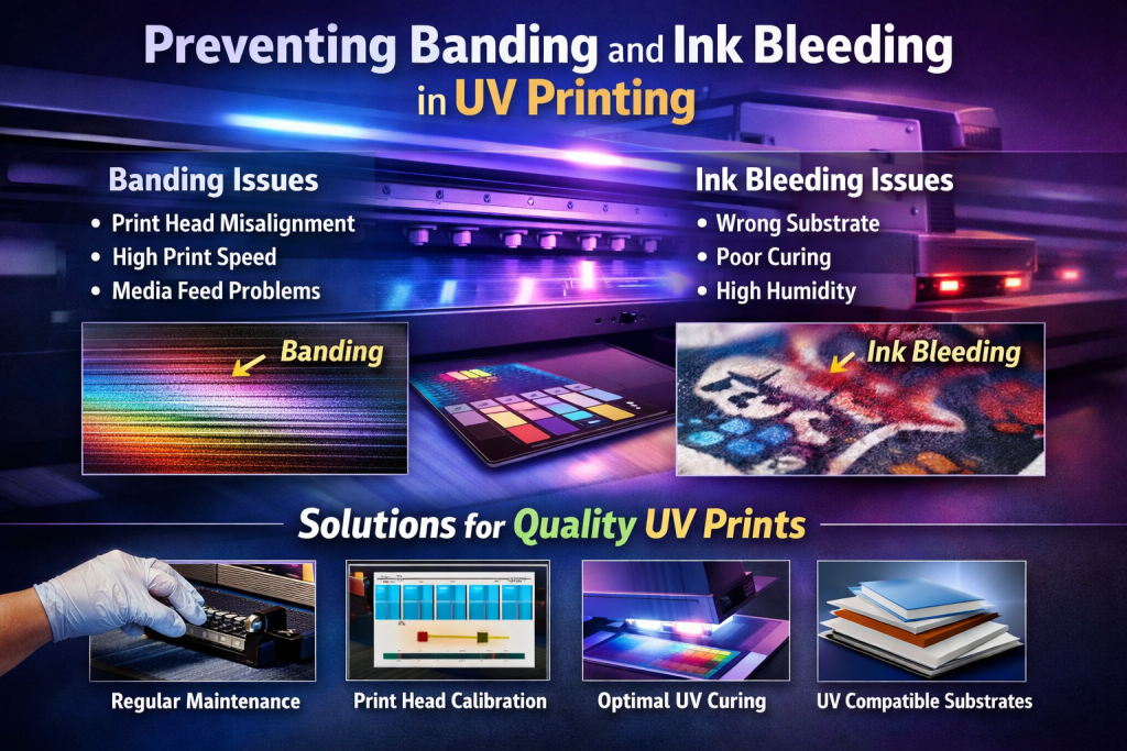 UV printing process showing banding and ink bleeding issues with solutions like print head calibration, proper curing, and UV-compatible substrates for high-quality prints.